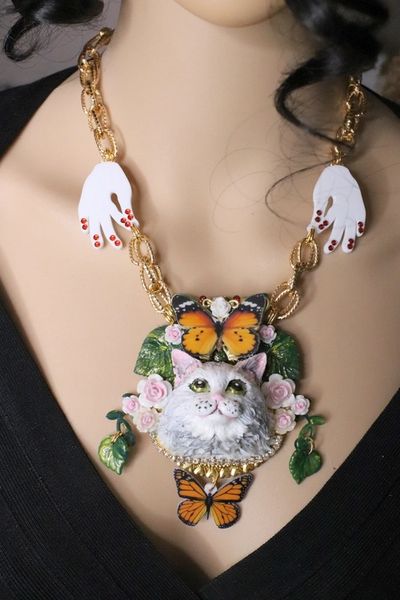 SOLD! 5770 Baroque Hand Painted Adorable Lady-cat Butterfly Necklace