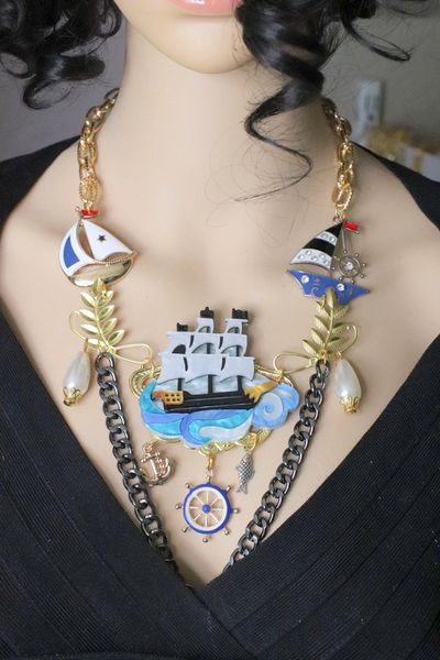 SOLD! 5776 Set Of Baroque Hand Painted Nautical Ship Vacation Necklace+ Earrings