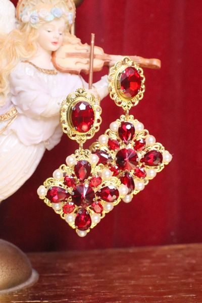 SOLD! 491 Vintage Style Swarovski Rich Red Vine Crystal Cross Pearl Earrings