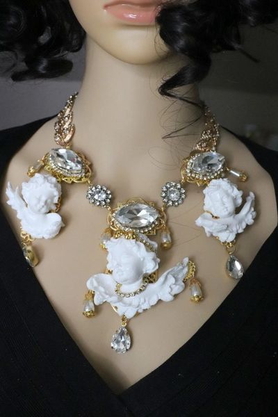 SOLD! 5798 "Fashion Sinner" Baroque White Chubby Cherubs Angels Clear Crystal Necklace