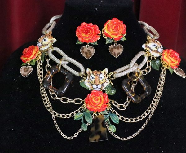 SOLD! 5799 Set Of Hand Painted Baroque Tigers Massive Necklace+ Earrings