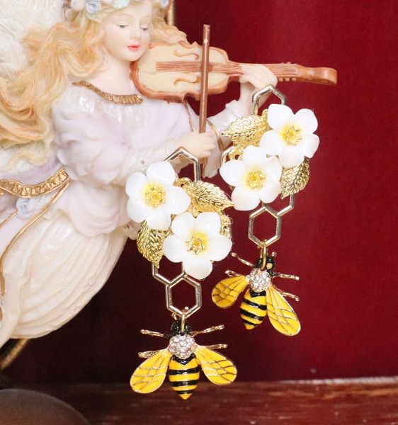 SOLD! 5801 Baroque Enamel Bee Honey Comb Earrings