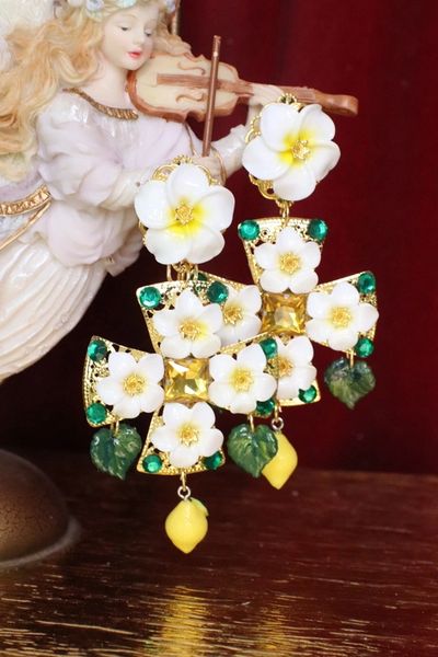 SOLD! 5802 Baroque Lemon Blossom Cross Statement Earrings
