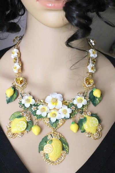 SOLD! 5803 Set Of Hand Painted Baroque Lemon Fruit Flower Blossom Massive Necklace+ Earrings