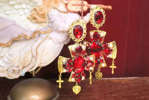 SOLD! 5805 Baroque Red Rhinestone MAssive Cross Statement Earrings