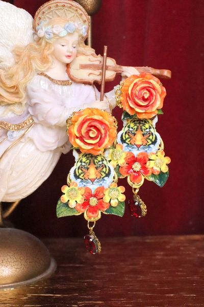 SOLD! 5816 Baroque Tiger Flowers Hand Painted Statement Earrings