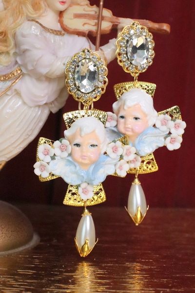 SOLD! 5820 Baroque Cherub Roses Cross Statement Earrings