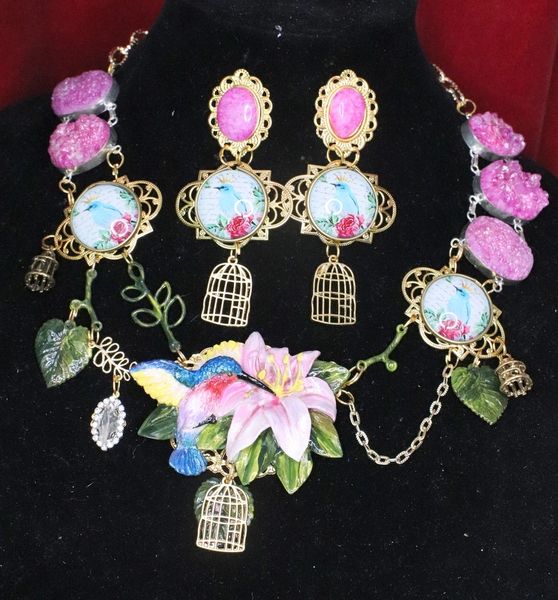SOLD! 5822 Set Of Art Nouveau Genuine Druzzy Agate Hand Painted Hummingbird Statement Necklace+ Earrings