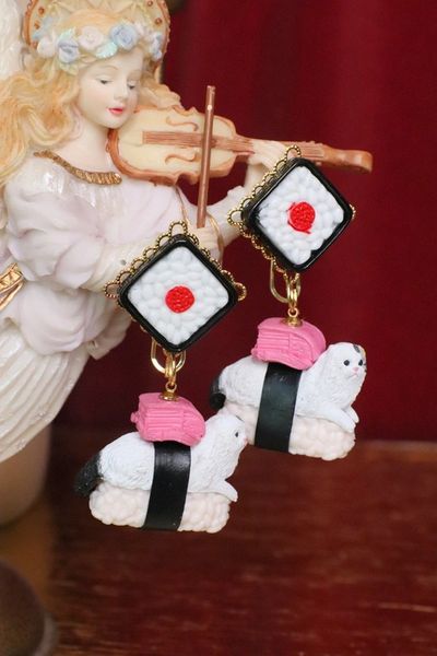 SOLD! 5834 Asian 3D Effect Sushi Cat Statement Earrings