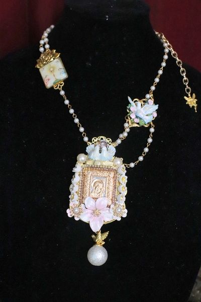 SOLD! 5838 Virgin Mary Icon Doves Pearl Pendant Necklace