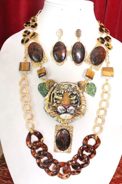 SOLD! 5840 Set Of Hand Painted Vivid Tiger Genuine Marconi Jasper Tiger Eye Gemstones Necklace+ Earrings