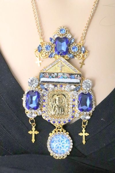 SOLD! 5843 Saint Church Blue Rhinestone Tall Pendant Necklace