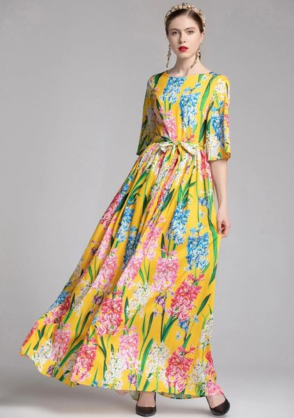 5054 Baroque Floral Print Yellow Maxi Dress US4-6 Size M
