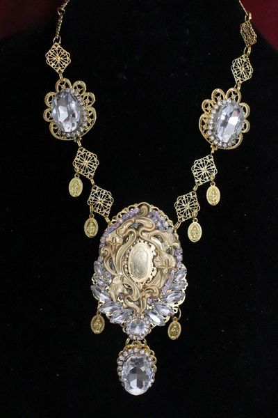 SOLD! 5854 Virgin Mary Clear Crystal Gold Massive Necklace