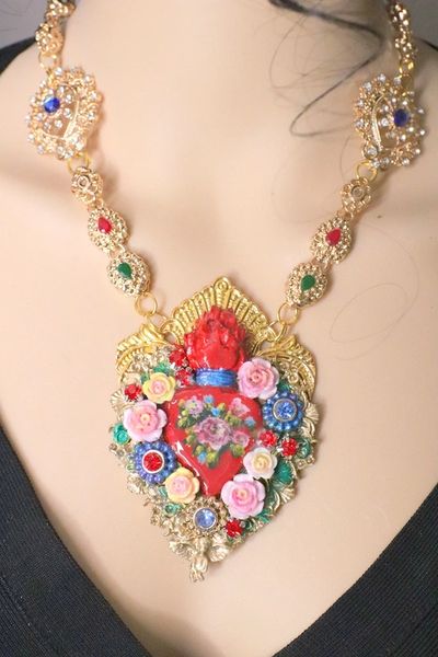 SOLD! 5855 Hand Painted Baroque Sacred Heart Flower Massive Necklace