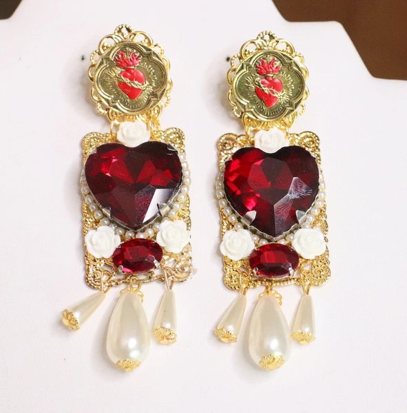SOLD 5857 Alta Moda Red Sacred Heart Rhinestone Long Pearl Statement Earrings