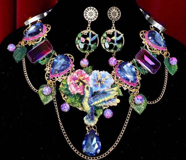 SOLD! 5859 Set Of Art Nouveau Hand Painted Hummingbird Genuine Tourmaline Statement Necklace+ Earrings