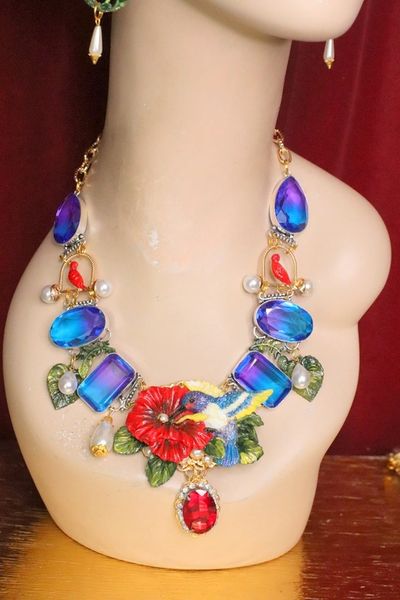 SOLD! 5878 Set Of Art Nouveau Hand Painted Hummingbird Genuine Tourmaline Statement Necklace+ Earrings