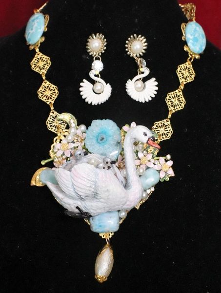 SOLD! 5880 Set Of Art Nouveau 3D Effect Swan Mom Genuine Quartz Larimar Hand Painted Necklace