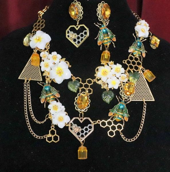 SOLD! 5881 Set Of Art Nouveau Enamel Bee Honey Comb Necklace+ Earrings