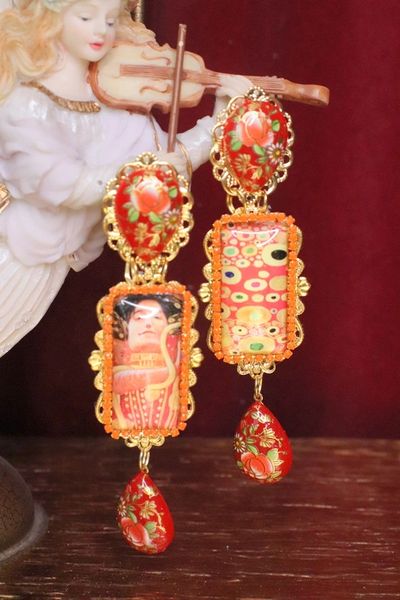 SOLD! 5884 Art Gustav Klimt Orange The Kiss Statement Earrings