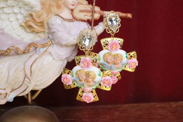 SOLD! 5885 Baroque Cherub Roses Cross Statement Earrings