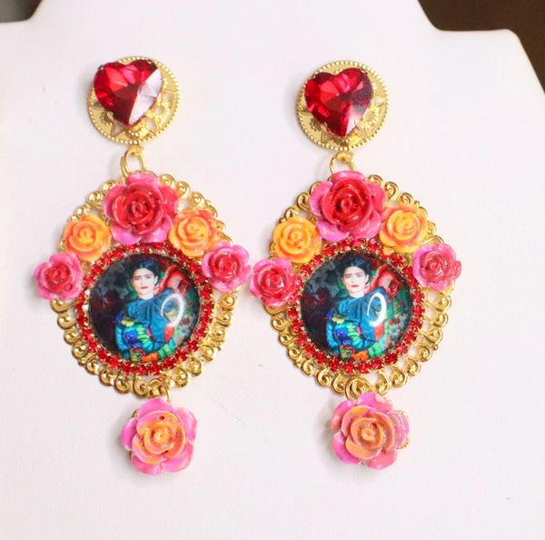 SOLD! 5910 Frida Kahlo Roses Hand Painted Cameo Earrings