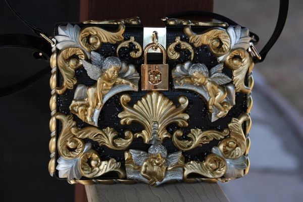 726  Designer Inspired Total Baroque Gold Silver Cherub Embellished Handbag Trunk 