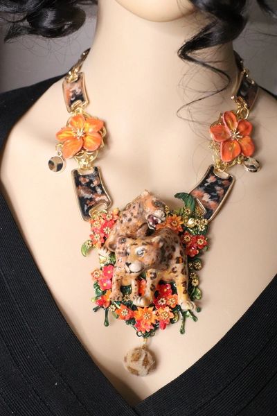 SOLD! 5926 Set Of Art Nouveau Art Hand Painted Jewelry 3D Effect Leopard Family Necklace+ Earrings