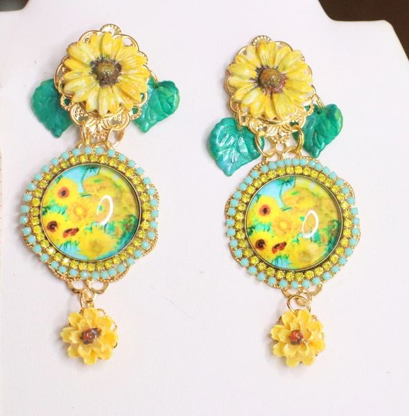 SOLD! 5930 Art Nouveau Cameo Sun Flower Van Gogh Earrings