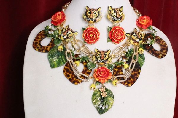 SOLD! 5944 Set Of Art Jewelry Baroque Hand Painted Tigers Roses Necklace+ Earrings