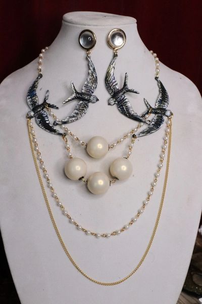 SOLD! 5946 Set Of Baroque Hand Painted Pearl Swallow Necklace+ Earrings