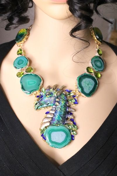 SOLD! 5947 Medieval Genuine Agate Dragon Necklace