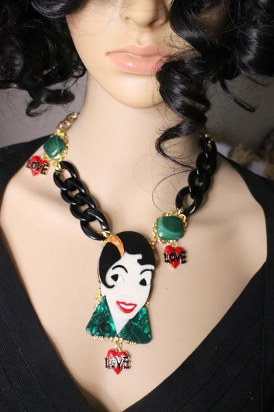 SOLD! 5951 Art Deco 20s Genuine Malachite Vibe Enamel Chained Necklace
