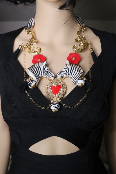 SOLD! 5967 Art Deco Faced Zebras Sacred Heart Massive Necklace