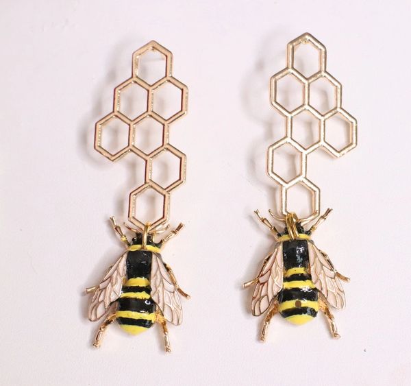 SOLD! 5968 Baroque Honey Comb Enamel Bee Earrings