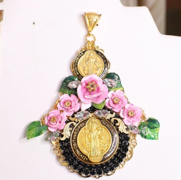 SOLD! 5974 Virgin Mary Pink Gold Roses Massive Pendant