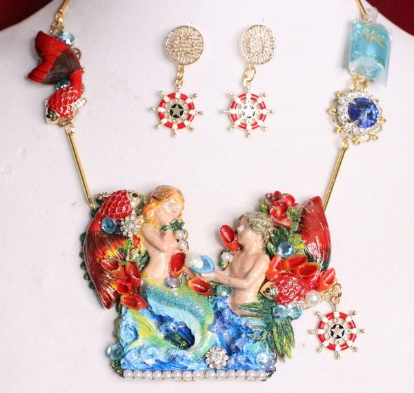 SOLD! 5988 Set OfArt Jewelry Mermaid Couple Massive Necklace+ Earrings