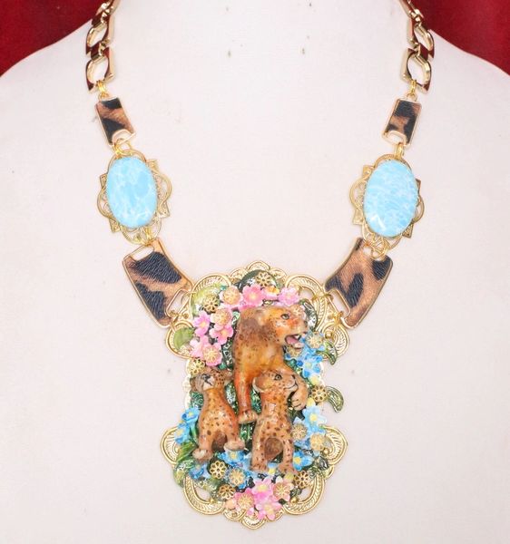 SOLD! 5989 Art Jewelry 3D Effect Leopard Mother's Love Genuine Caribbean Larimar Necklace