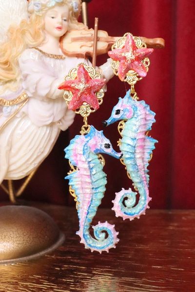 SOLD! 5990 3D Effect Nautical Seahorse Hand Painted Earrings