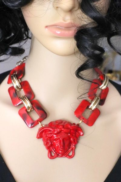 SOLD! 5991 3D Effect Medusa Head Chained Red Statement Necklace