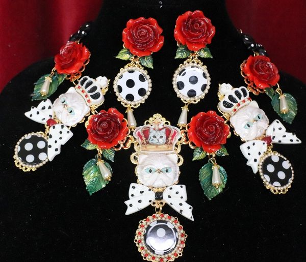 5992 SOLD! Set Of Baroque Enamel Cats Roses Polka Dot Necklace+ Earrings