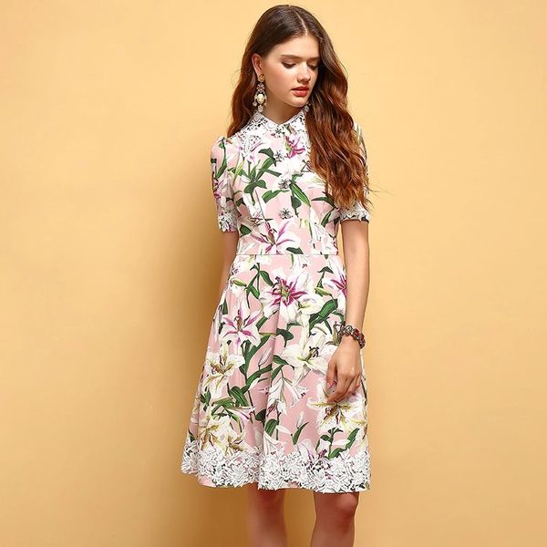 5655 Runway Lily Print Lace Lily Buttons Elegant Dress Size US4 In STOCK