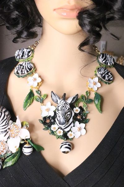 SOLD! 6007 Set Of Art Deco Faced Zebra Sulemani Agate Flowers Hand Painted Massive Necklace+ Earrings