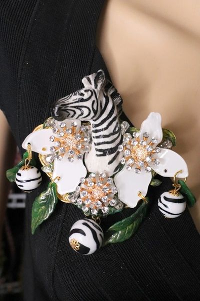 SOLD! 6008 Baroque 3D Effect Hand Painted Zebra Flower Huge Brooch