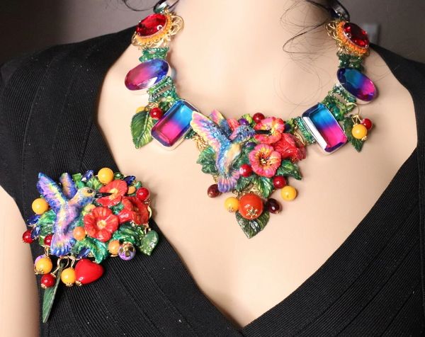 SOLD! 6011 Set Of Art Nouveau Hummingbird Genuine Tourmaline Necklace+ Earrings