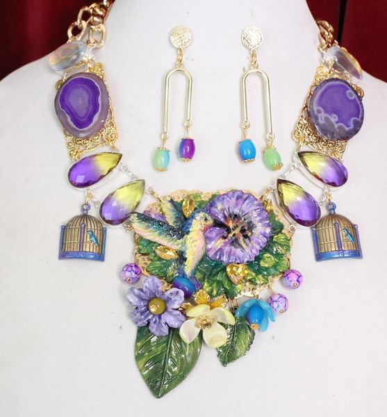 SOLD! 6030 Set Of Art Nouveau Hummingbird Genuine Tourmaline Agates Necklace+ Earrings