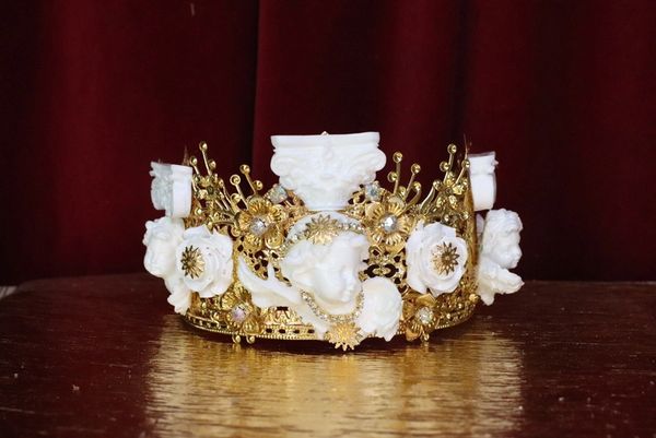 SOLD! 6038 Baroque White Chubby Cherubs Angels Roman Column Crown