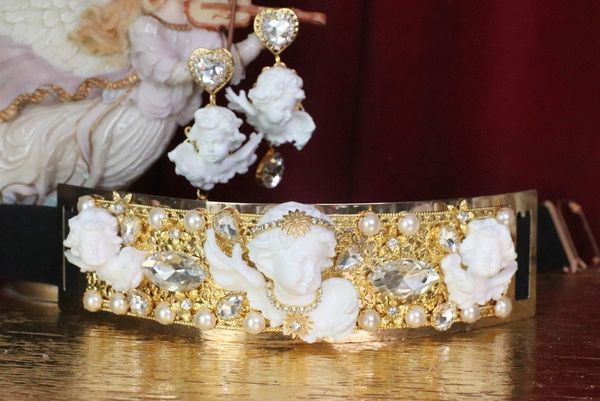 SOLD! 6039 Baroque Runway White Chubby Cherubs Angels Embellished Waist Gold Belt Size S, L, M