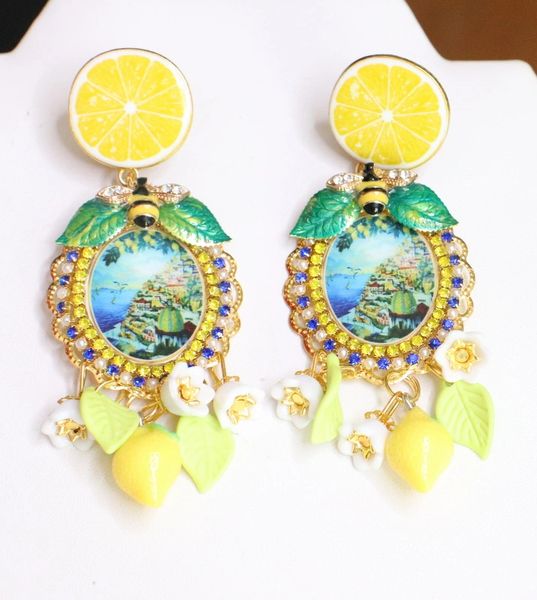 SOLD! 6041 Italian Taormina Cameo Enamel Bee Lemon Fruit Studs Earrings